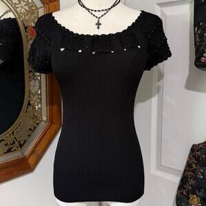 VTG Y2K Cache Black Ribbed Knit Beaded Embroidered Goth Whimsy Form Fitting Top